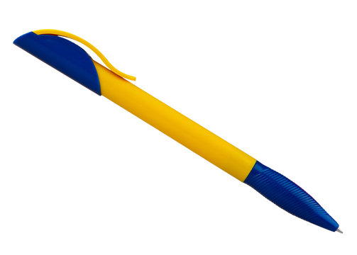 yellow and blue ballpoint pen isolated on a white background