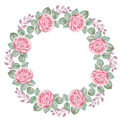 Watercolor rose wreath isolated on white