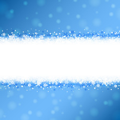 Beautiful white winter banner with snowflakes on snowy blue sky background. Vector illustration.