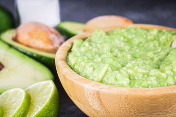 avocado Guacamole on molcajete real Mexican traditional procedur