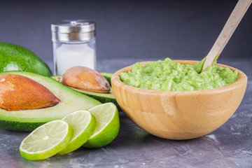 avocado Guacamole on molcajete real Mexican traditional procedur