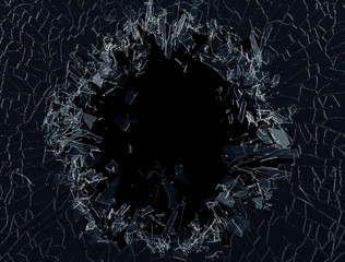 3d render, digital illustration, explosion, cracked glass, wall, bullet hole, destruction, abstract black background