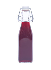Homemade raspberry liqueur in clear glass bottle with swing top isolated on white background