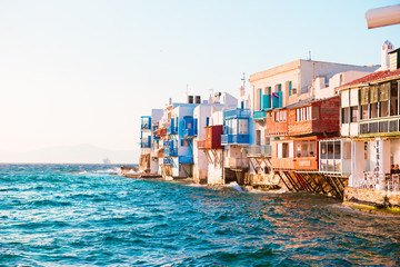Little Venice the most popular sight in Mykonos Island in soft evening light on Greece, Cyclades