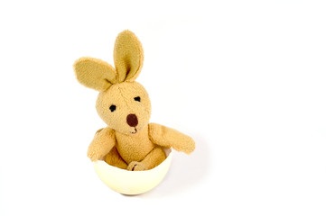 Little brown Plush Rabbit seated inside of a half egg