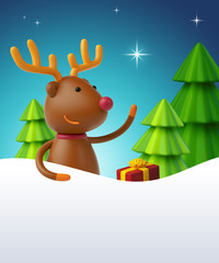 Obraz na płótnie Canvas 3d render, digital illustration, cartoon deer, christmas trees, polar star, silent night, holiday background