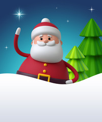 3d render, digital illustration, cartoon Santa Claus, christmas trees, polar star, silent night, holiday background