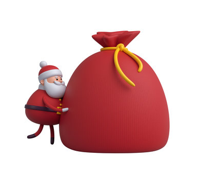 3d render, digital illustration, Santa Claus cartoon character, gift, bag, Christmas toy isolated on white background