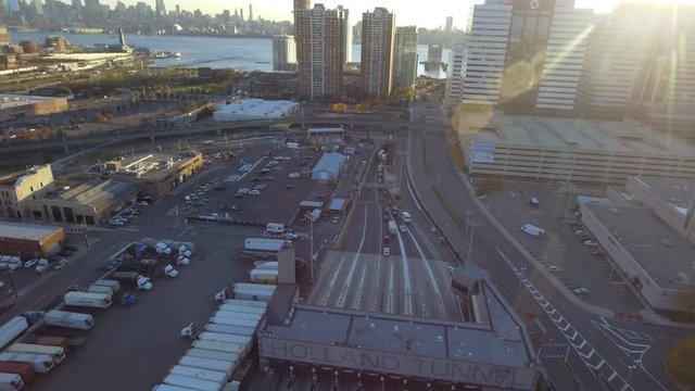 Aerial video of the entrance to the Holland Tunnel NJ