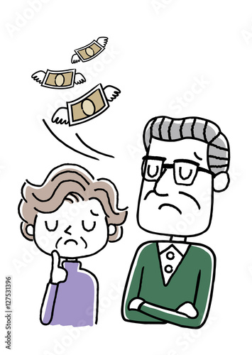 シニア夫婦 お金が飛んで消えていく Wall Mural Wallpaper Murals ケイーゴ K