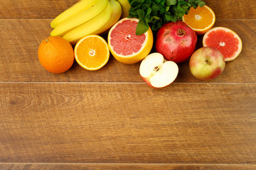 wooden background fruits vegetables spices