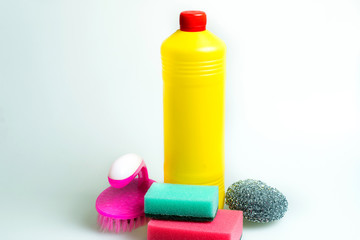 Cleaning Set. Tools for cleaning. Cleaning agents, spray, rubber gloves on a white background.
