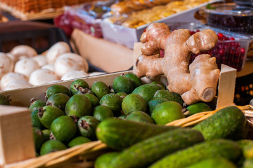 Boxes with fresh fruits, vegetables and mushrooms.
