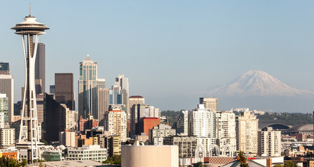 Panorama of Seattle skyline with Mt. Rainier in the back
