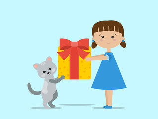 Cute cartoon girl and kitty are holding a present with a bow