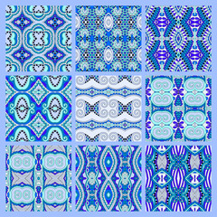 set of blue seamless colored vintage geometric pattern, texture 
