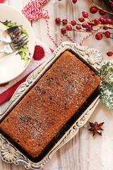 Christmas fruit caramel cake overhead view