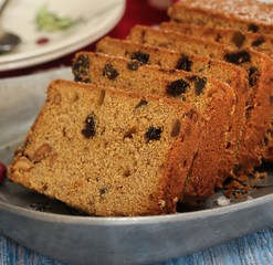 Sliced Xmas fruit cake. selective focus
