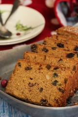 Sliced Xmas fruit cake. selective focus