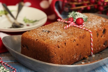 Homemade Christmas fruit cake, selective focus