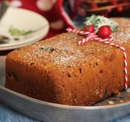 Homemade Christmas fruit cake, selective focus