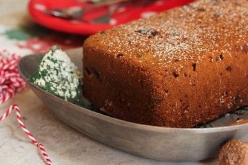 Homemade Christmas fruit cake, selective focus