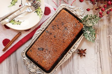 Christmas fruit caramel cake overhead view