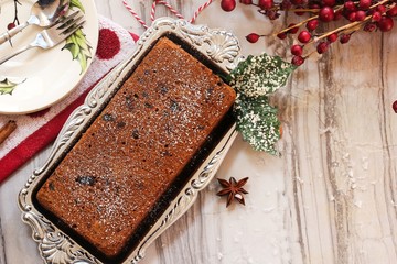Christmas fruit caramel cake overhead view