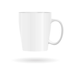 Photorealistic white cup isolated on the white background. Design Template for Mock Up. Vector illustration. 