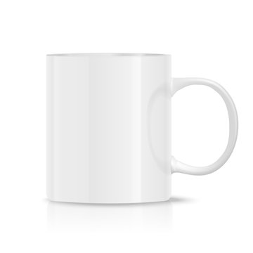 Photorealistic white cup isolated on the white background.Design Template for Mock Up. Vector illustration. 