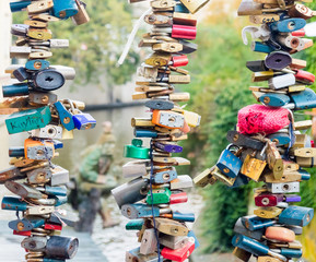 Love Heart Locks. Colorful Padlocks Tree On Bridge Railing