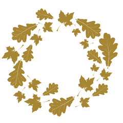 Floral round autumn frame with gold maple and oak leaves isolated on white. Circle leaflet for your text. Vector illustration.