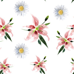 Seamless pattern with chamomile and lily flowers on a white back