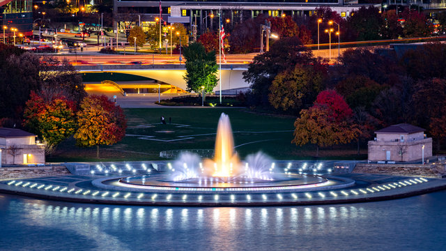 Point State Park in Pittsburgh, Pennsylvania and the iconic illuminated water fountain.
