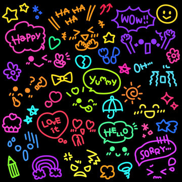 ポップでカラフルかわいい手書き風顔文字 絵文字セット ベクター Stock ベクター Adobe Stock