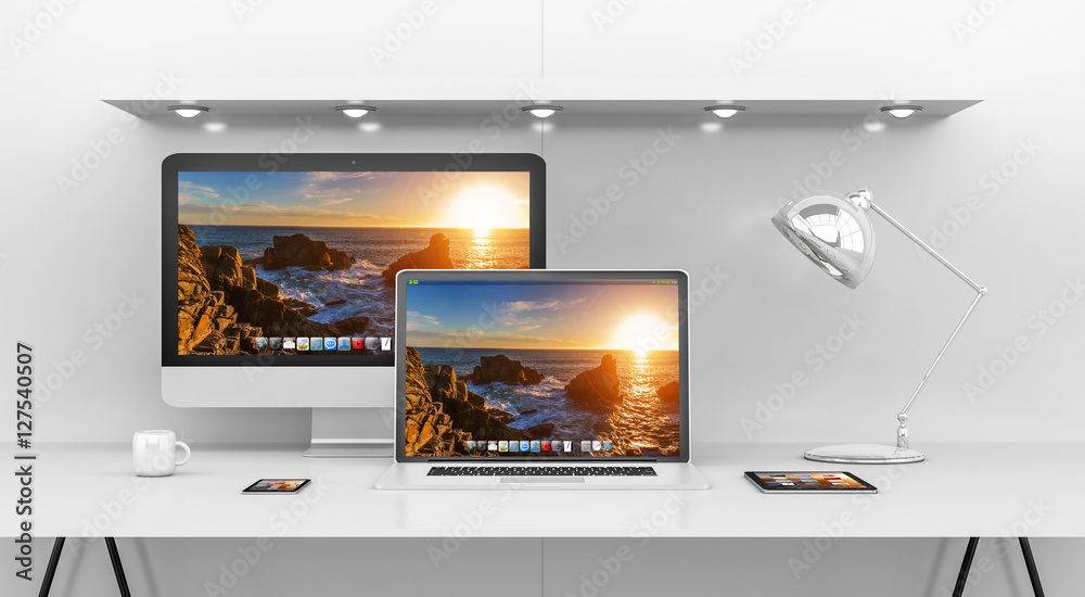 Poster modern white desk interior with computer and devices 3d renderin