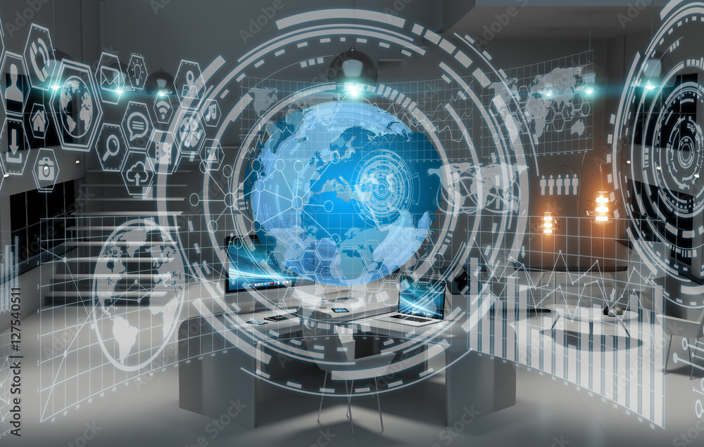 Poster workplace with modern devices and hologram screens 3d rendering