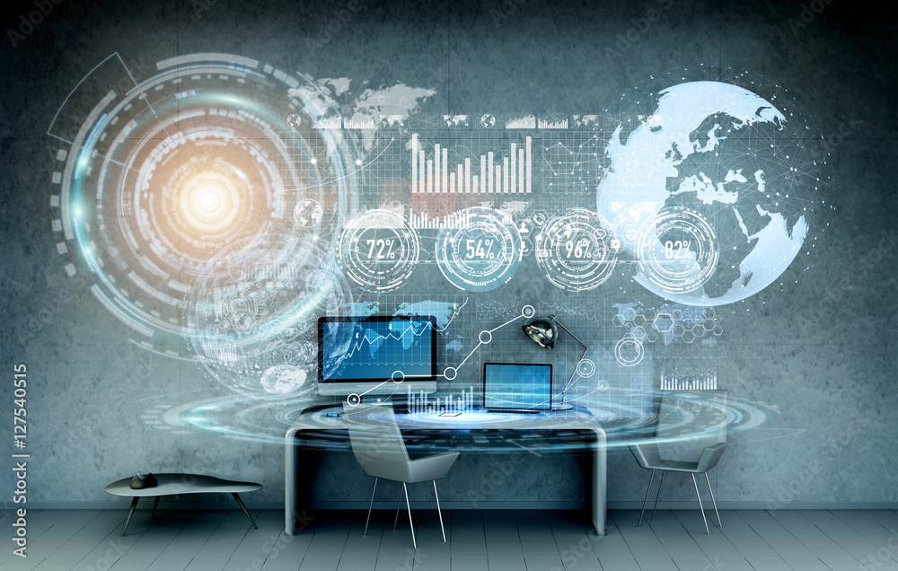 Poster Workplace with modern devices and hologram screens 3D rendering