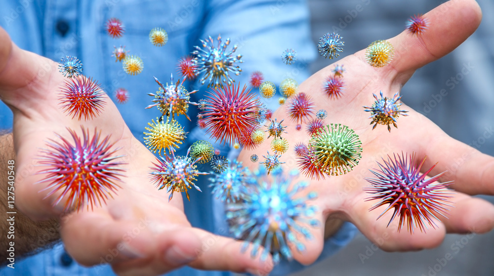 Poster close up on a sick man hand transmitting virus 3d rendering