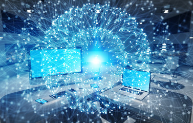 Workplace with modern devices and hologram screens 3D rendering