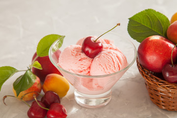 ice cream, berries and fruit on a table, selective focus