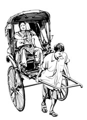 Kolkata, Indien - Zeichnen einer Rikscha mit einem Passagier