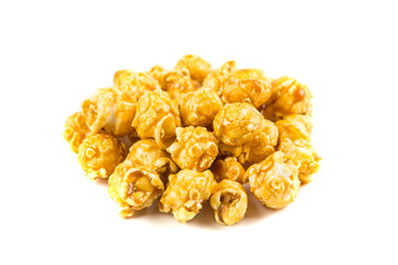 Pile of caramel popcorn isolated on white background