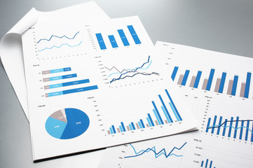 Financial reports. Graphs and charts. Documents on gray reflection background.
