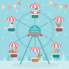 Illustration Vector of  Christmas ornaments sitting on the ferris wheel for Christmas and new year night party.
