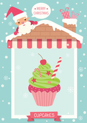 Poster of cupcake decorated for Christmas festival with santa claus at roof house.
