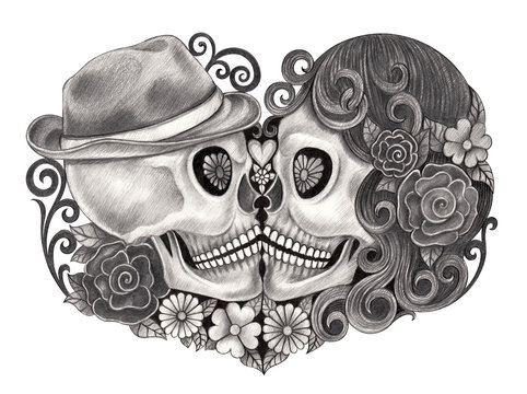 Sugar skull couple love day of the dead  design by hand pencil drawing on paper.