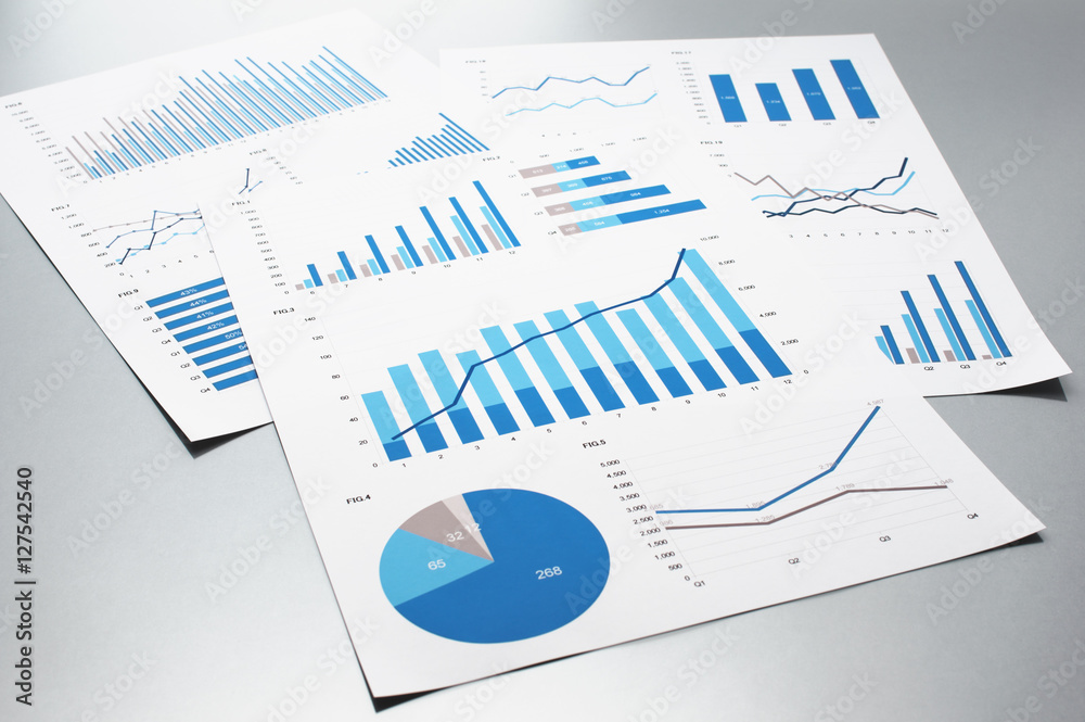 Poster business documents. graphs and charts.　documents on gray reflection background.