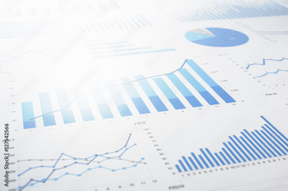 Poster Many charts and graphs. Reflection light and flare.　Concept image of data gathering and statistical working.
