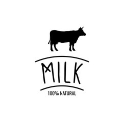 Cow Silhouette Label. Milk Badge 100 Natural. Vector Illustration.
